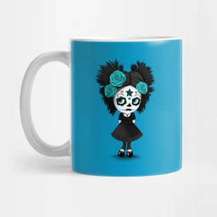 Shy Big Eyes Day of the Dead Girl with Blue Roses Mug